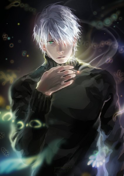 Anime picture 707x1000 with mushishi ginko jane mere single tall image looking at viewer fringe short hair green eyes white hair hair over one eye inscription smoke smoking boy sweater cigarette