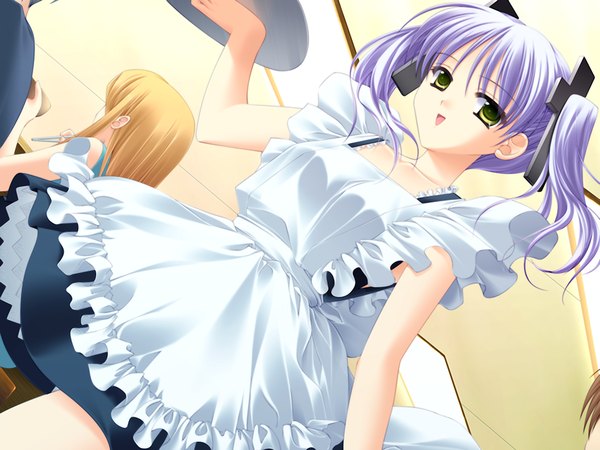 Anime picture 1200x900 with twintails green eyes game cg purple hair waitress girl apron cross