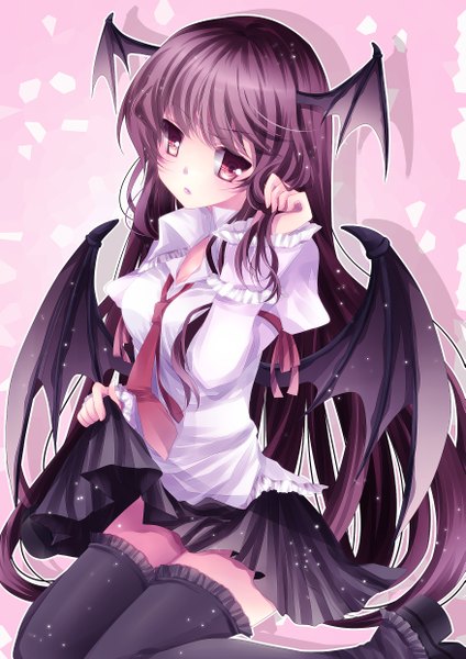 Anime picture 1753x2480 with touhou koakuma mikazuki sara long hair tall image highres purple eyes purple hair bat wings head wings girl thighhighs wings necktie