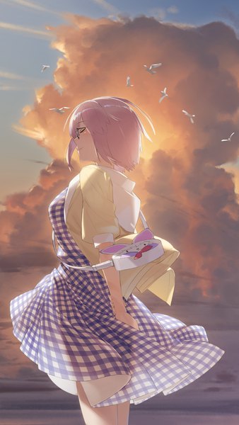 Anime picture 640x1136 with fate (series) fate/grand order mash kyrielight fou (fate) hayashi kewi single tall image blush short hair smile standing sky purple hair cloud (clouds) outdoors eyes closed profile wind open clothes evening