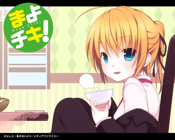 Anime picture 1280x1024 with mayo chiki! feel (studio) konoe subaru single short hair blue eyes blonde hair ahoge inscription girl cup