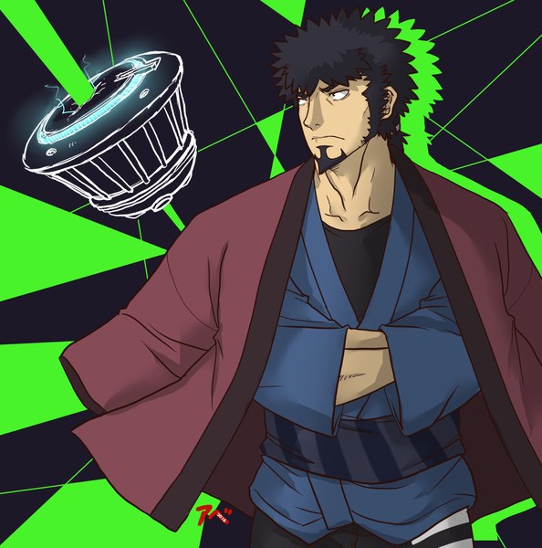 Anime picture 1506x1522 with dimension w mabuchi kyouma abe toragami single tall image short hair black hair signed looking away traditional clothes japanese clothes black eyes clothes on shoulders hands in sleeves 2016 boy beard