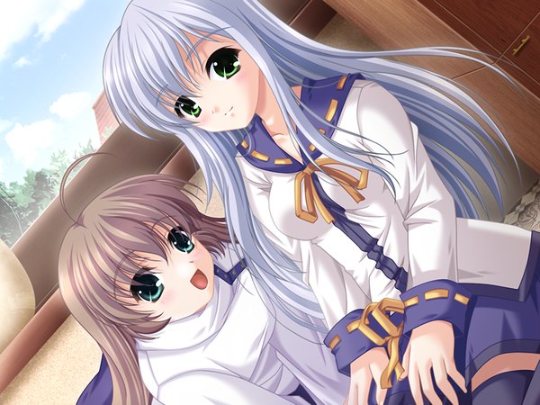 Anime picture 1200x900 with costume player brown hair multiple girls green eyes game cg silver hair girl 2 girls