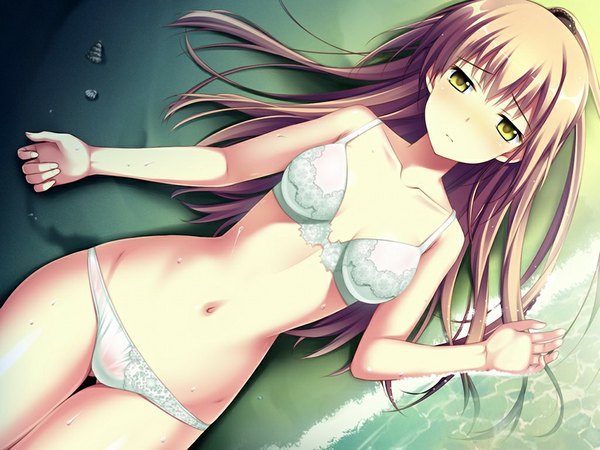 Anime picture 1024x768 with worlds and world's end tsukahara maiko amakura single long hair light erotic blonde hair yellow eyes game cg underwear only beach girl navel underwear panties sea