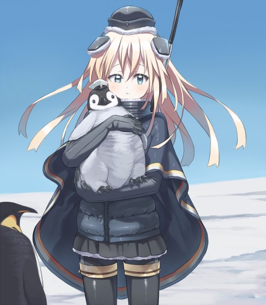 Anime picture 713x818 with kantai collection u-511 submarine ka-no single long hair tall image looking at viewer blush fringe blue eyes blonde hair hair between eyes sky snow cute carrying :t puffy cheeks girl gloves