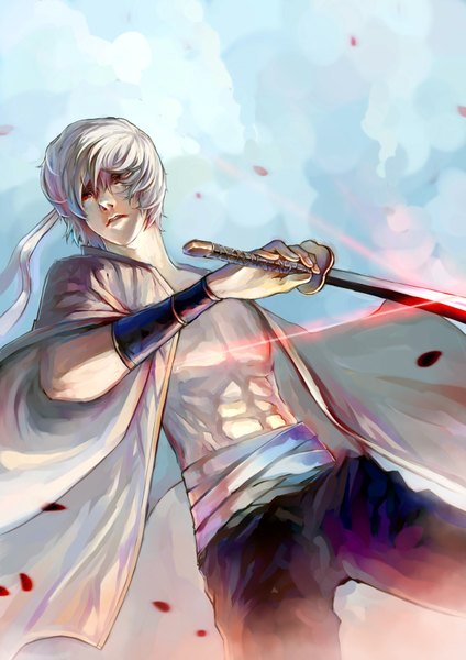 Anime picture 2480x3507 with gintama sunrise (studio) sakata gintoki shiroyasha shimo single tall image highres short hair red eyes cloud (clouds) white hair traditional clothes wind bare belly boy weapon petals sword katana