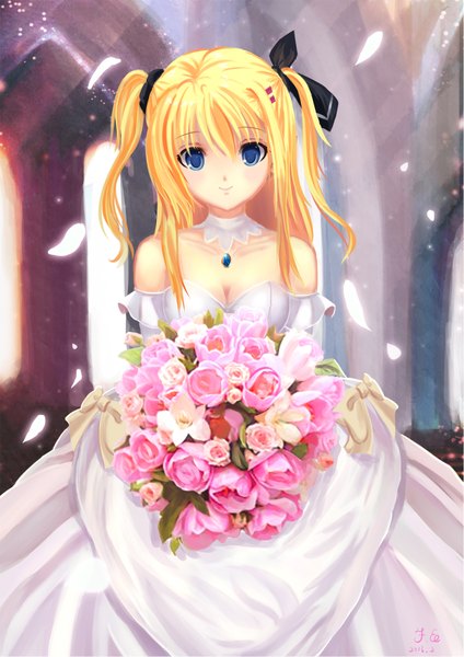 Anime picture 1240x1754 with da capo iii morizono rikka dance of eternity single long hair tall image blue eyes blonde hair smile bare shoulders girl dress gloves flower (flowers) bow hair bow petals elbow gloves bouquet wedding dress