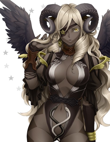 Anime picture 700x900 with original chimachi single long hair tall image looking at viewer breasts light erotic blonde hair simple background large breasts white background yellow eyes parted lips horn (horns) dark skin drill hair black wings girl animal