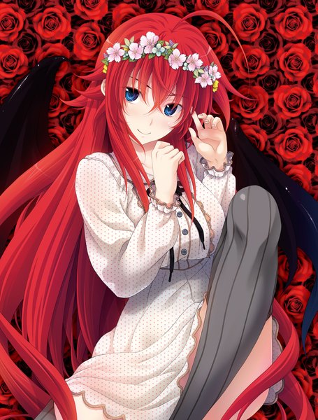 Anime picture 1507x1985 with highschool dxd rias gremory miyama zero single long hair tall image looking at viewer blush fringe breasts blue eyes large breasts sitting ahoge bent knee (knees) red hair very long hair light smile official art demon girl