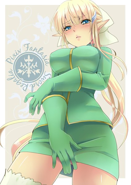 Anime picture 752x1062 with original pixiv fantasia pixiv fantasia sword regalia hira taira single long hair tall image looking at viewer blush blue eyes light erotic blonde hair pointy ears from below girl thighhighs gloves
