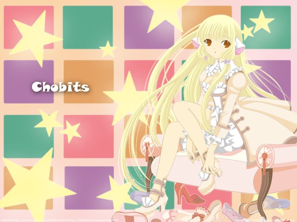 Anime picture 1600x1200 with chobits chii long hair blonde hair yellow eyes girl dress shoes android