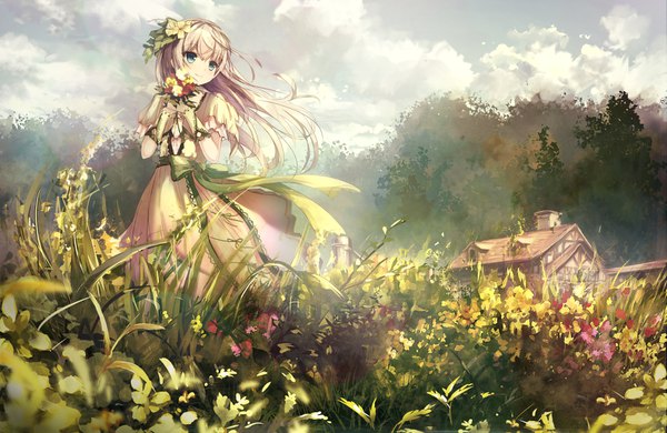 Anime picture 1637x1066 with original missle228 single long hair blue eyes blonde hair smile standing holding looking away sky cloud (clouds) outdoors hair flower wind sunlight nature girl dress flower (flowers)