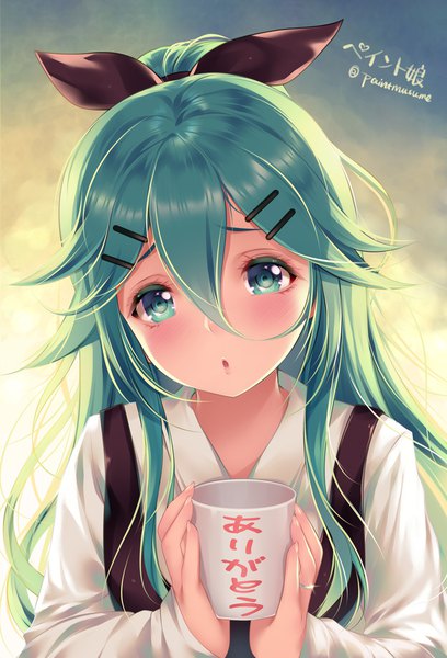 Anime picture 808x1188 with kantai collection yamakaze (kantai collection) paint musume single long hair tall image blush fringe hair between eyes holding green eyes signed payot upper body ponytail head tilt green hair sunlight :o twitter username