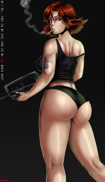 Anime picture 750x1291 with metal gear metal gear solid meryl silverburgh shadman (theshadling) single tall image short hair blue eyes light erotic simple background brown hair ass looking back from behind black background girl underwear panties weapon gun