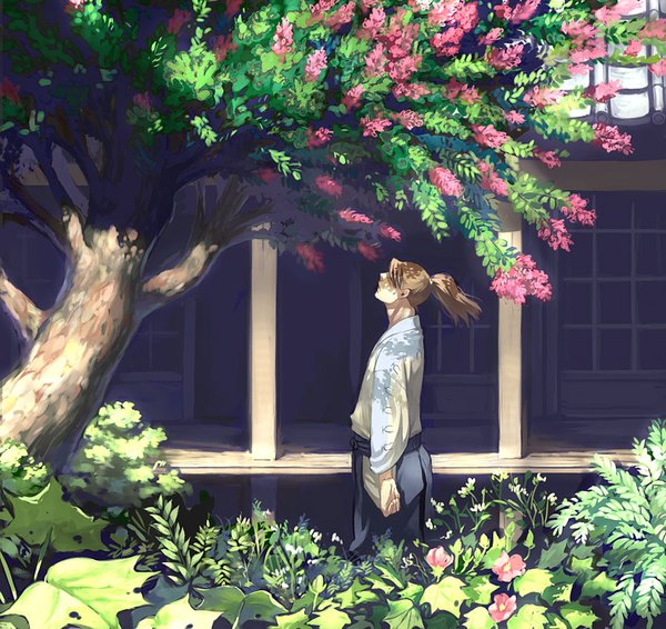 Anime picture 900x849 with rakudai ninja rantarou yamada rikichi lotus temple single long hair brown hair ponytail traditional clothes japanese clothes profile shadow looking up architecture east asian architecture boy flower (flowers) plant (plants) tree (trees) hakama japanese house