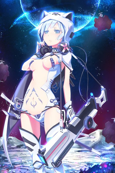 Anime picture 533x800 with original loup single tall image looking at viewer short hair blue eyes light erotic standing holding animal ears blue hair cat ears night tattoo night sky space headphones around neck animal hood mecha musume