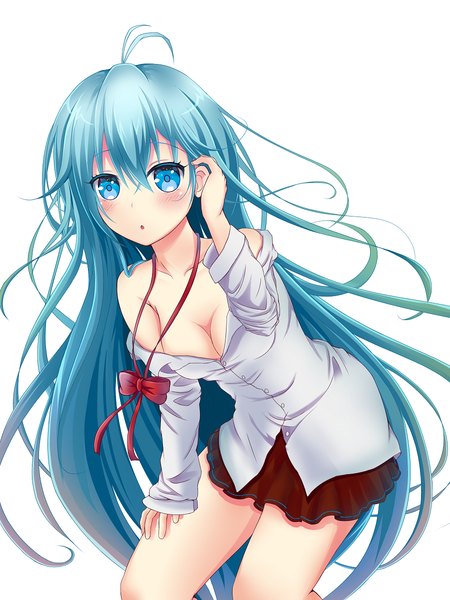 Anime picture 900x1200 with denpa onna to seishun otoko shaft (studio) touwa erio tagme (artist) single long hair tall image looking at viewer blush breasts open mouth blue eyes light erotic simple background white background bare shoulders blue hair cleavage open clothes no bra