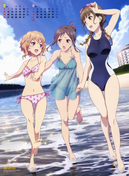 Anime picture 5882x8041 with hanasaku iroha p.a. works matsumae ohana oshimizu nako tsurugi minko tall image highres short hair open mouth light erotic black hair brown hair multiple girls absurdres braid (braids) black eyes scan twin braids girl navel