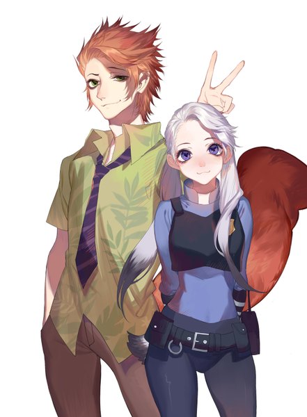 Anime picture 2500x3400 with zootopia disney judy hopps nick wilde dj.adonis long hair tall image looking at viewer highres short hair smile white background purple eyes green eyes tail animal tail grey hair orange hair fox tail police