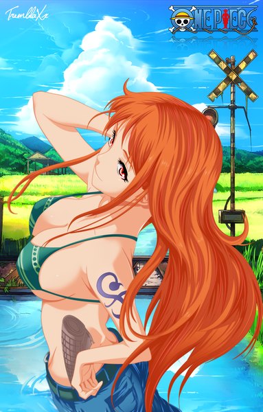 Anime picture 900x1409 with one piece toei animation nami (one piece) tremblax single long hair tall image light erotic smile red eyes sky cloud (clouds) profile from above orange hair inscription tattoo hand on hip coloring mountain