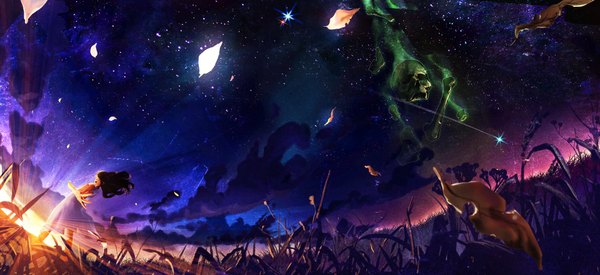 Anime picture 1920x882 with original akio-bako (artist) long hair highres black hair wide image brown eyes sky cloud (clouds) night evening sunset girl dress plant (plants) leaf (leaves) grass sundress skull