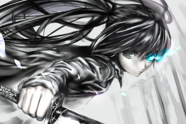 Anime picture 1500x1000 with black rock shooter black rock shooter (character) tagme (artist) long hair blue eyes black hair twintails grey background glowing monochrome glowing eye (eyes) sword katana cloak