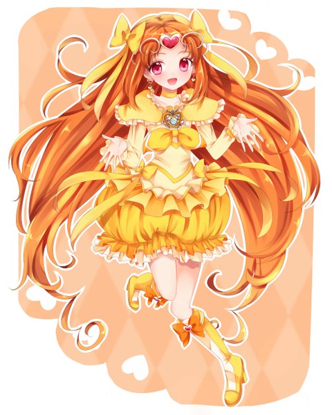 Anime picture 1000x1250 with precure smile precure! suite precure toei animation shirabe ako cure muse (yellow) uzuki aki single long hair tall image blush open mouth red eyes orange hair girl dress bow hair bow boots tiara