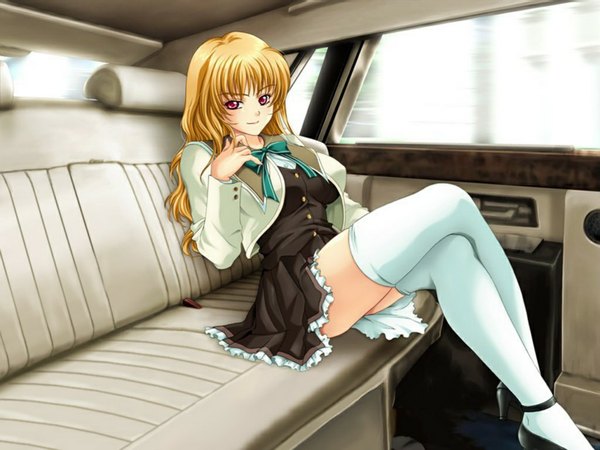 Anime picture 1024x768 with long hair blonde hair red eyes zettai ryouiki legs thighhighs white thighhighs