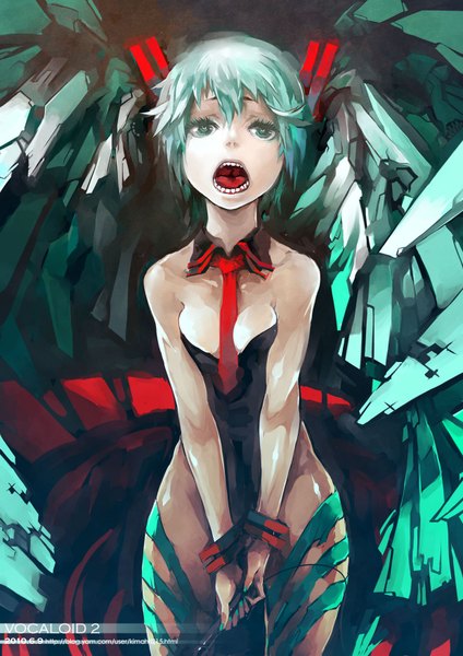 Anime picture 1240x1753 with vocaloid hatsune miku kimahri215 single long hair tall image open mouth twintails bare shoulders green eyes very long hair nail polish green hair girl choker necktie bracelet microphone