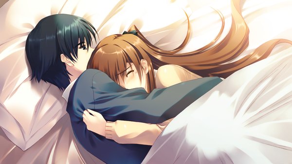 Anime picture 1280x720 with white album 2 ogiso setsuna long hair short hair black hair brown hair wide image game cg eyes closed couple tears girl boy