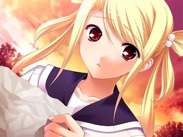 Anime picture 1024x768 with hoshiuta houjyou arisa fumio (ura fmo) blonde hair red eyes game cg evening sunset girl serafuku