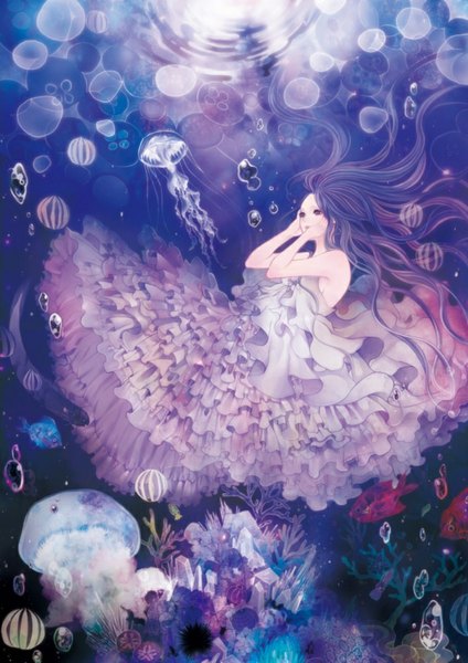 Anime picture 707x1000 with original kina (24 ch) single long hair tall image black hair bare shoulders black eyes underwater hands on face girl dress frills bubble (bubbles) fish (fishes) crystal jellyfish coral