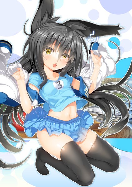 Anime picture 1131x1600 with original char single long hair tall image looking at viewer blush fringe breasts open mouth light erotic black hair hair between eyes holding animal ears yellow eyes open jacket no shoes zettai ryouiki kneeling