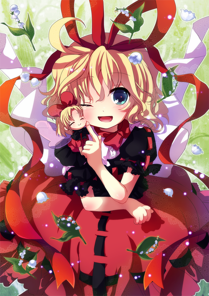 Anime picture 1127x1594 with touhou medicine melancholy su-san amo tall image looking at viewer blush short hair open mouth blue eyes blonde hair smile multiple girls ahoge eyes closed one eye closed from above wink fairy girl