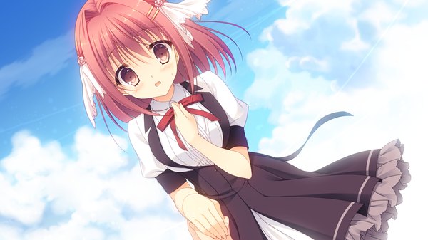 Anime picture 1280x720 with sora tobu hitsuji to manatsu no hana konohanamiya kotoya tanihara natsuki blush short hair open mouth wide image pink hair game cg sky cloud (clouds) pink eyes embarrassed holding hands girl dress boy hair ornament bow hairclip