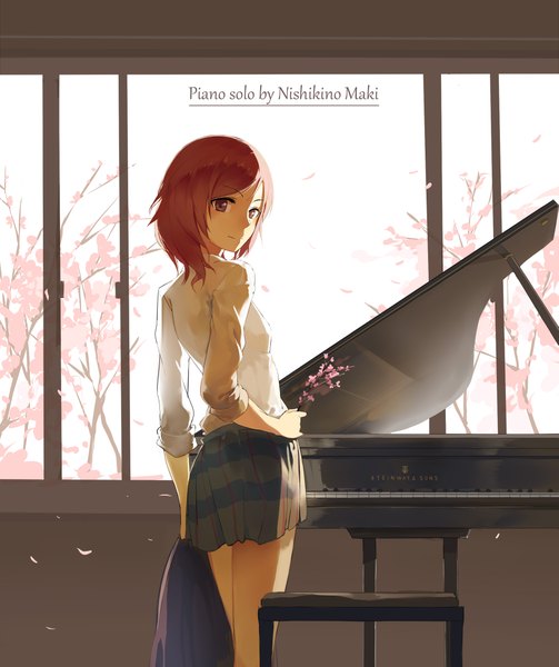 Anime picture 1971x2349 with love live! school idol project sunrise (studio) love live! nishikino maki huanxiang heitu single long hair tall image looking at viewer highres purple eyes holding red hair looking back inscription cherry blossoms turning head girl skirt flower (flowers)