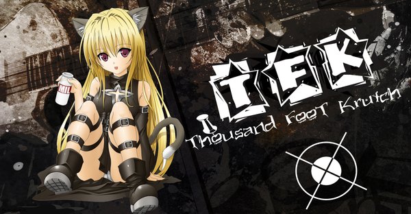 Anime picture 2000x1043 with k.g single long hair highres light erotic blonde hair wide image purple eyes animal ears animal tail cat girl pantyshot sitting girl bottle