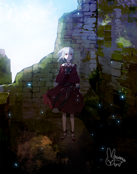 Anime picture 1000x1270 with original kurono yuu single tall image fringe short hair red eyes standing silver hair looking up girl dress flower (flowers) shoes belt wall fireflies
