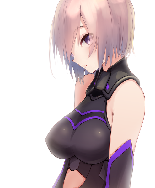 Anime picture 1739x2111 with fate (series) fate/grand order mash kyrielight tebi (tbd11) single tall image looking at viewer highres short hair breasts light erotic simple background large breasts white background purple eyes bare shoulders pink hair upper body girl