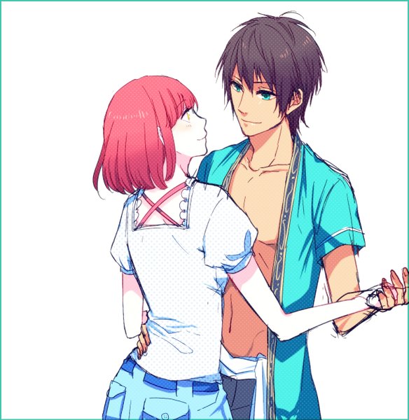 Anime picture 1221x1254 with uta no prince-sama a-1 pictures nanami haruka (uta no prince-sama) aijima cecil ishii (aikoku) tall image short hair blue eyes simple background smile brown hair white background yellow eyes red hair profile from behind couple holding hands border polka dot