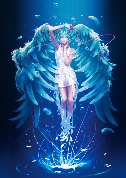 Anime picture 1414x2000 with vocaloid hatsune miku hage2013 single long hair tall image looking at viewer blue eyes twintails bare shoulders blue hair realistic alternate costume alternate hairstyle see-through silhouette girl dress ribbon (ribbons) wings white dress
