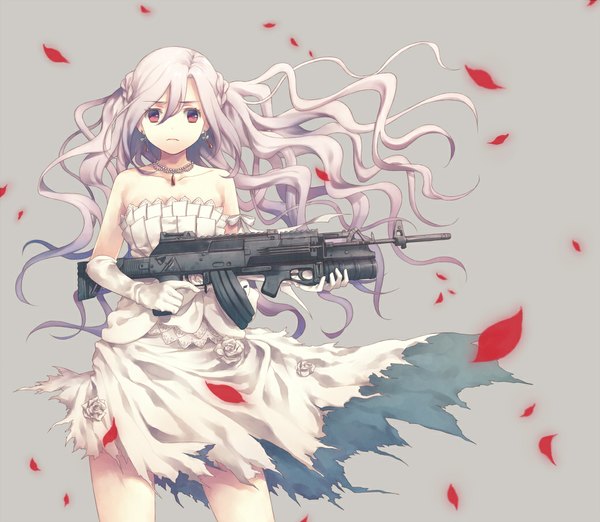 Anime picture 1039x904 with original yukimine samine single long hair looking at viewer red eyes silver hair girl dress gloves weapon earrings petals elbow gloves gun pendant