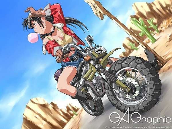 Anime picture 1024x768 with gagraphic happoubi jin breasts black hair cleavage wallpaper denim girl shorts boots goggles denim shorts motorcycle bubblegum dirtbike