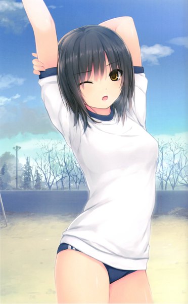Anime picture 4144x6684 with original aoyama sumika coffee-kizoku single tall image looking at viewer fringe highres short hair open mouth black hair yellow eyes absurdres sky cloud (clouds) one eye closed scan girl plant (plants) tree (trees)