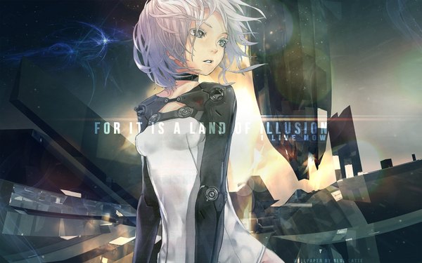 Anime picture 1680x1050 with beatless leicia redjuice single short hair wide image sky silver hair inscription silver eyes futuristic girl bodysuit collar