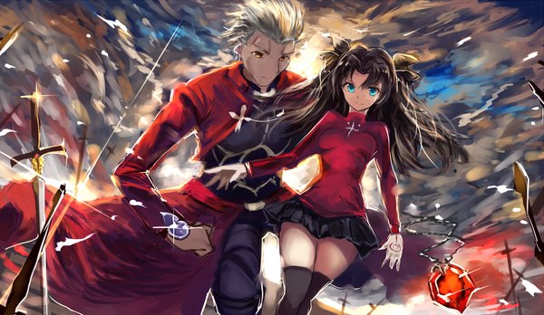Anime picture 1671x970 with fate (series) fate/stay night type-moon toosaka rin archer (fate) takane soprano long hair short hair blue eyes black hair wide image brown eyes sky cloud (clouds) white hair girl thighhighs boy skirt bow