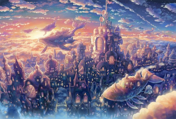 Anime picture 1252x848 with original kemi neko sky cloud (clouds) city evening sunset cityscape no people scenic fog window star (stars) sun lantern aircraft tower banner whale airship