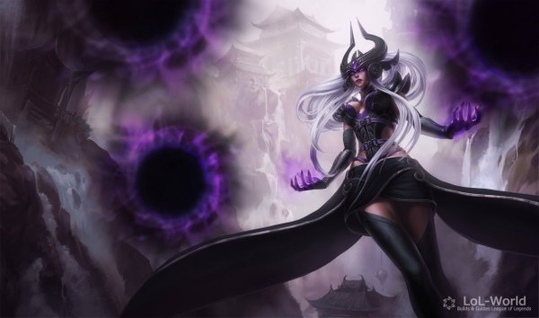 Anime picture 1215x717 with league of legends syndra katiedesousa single long hair blonde hair wide image purple eyes white hair magic waterfall girl thighhighs gloves black thighhighs water elbow gloves headdress thigh boots