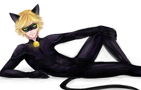 Anime picture 3206x2047 with miraculous ladybug adrien agreste chat noir lon-li-mei single fringe highres short hair blonde hair green eyes animal ears absurdres bent knee (knees) tail animal tail light smile cat ears arm support cat tail reclining