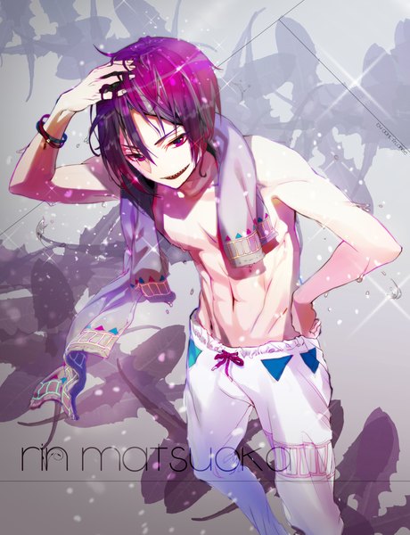 Anime picture 1790x2333 with free! kyoto animation matsuoka rin crab d single tall image looking at viewer highres open mouth smile standing bare shoulders pink hair pink eyes teeth bare belly wet hand on hip hand on head muscle